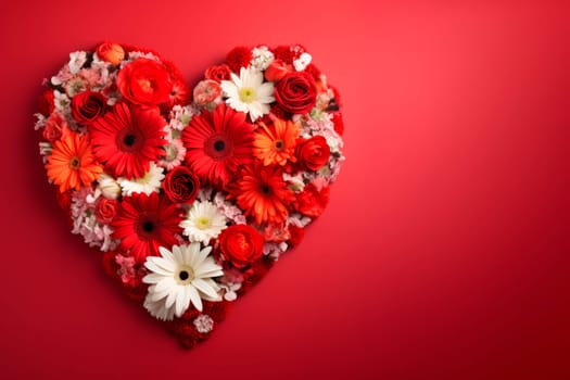 The flowers are laid out in the shape of a heart on a red background. The copy space. Minimalism. Red background. High quality photo