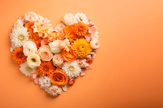 Flowers in orange, peach and yellow shades are laid out in the form of a heart. The copy space. Minimalism.