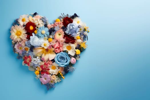 Multicolored flowers are laid out in the shape of a heart on a blue background. The copy space. Minimalism.