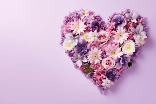 Multicolored flowers are laid out in the shape of a heart on a lilac background. The copy space. Minimalism.