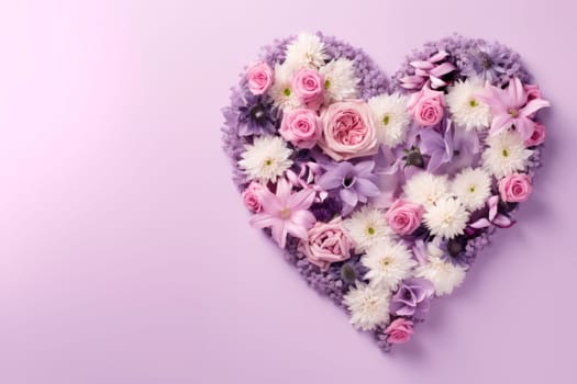 Multicolored flowers are laid out in the shape of a heart on a lilac background. The copy space. Minimalism.