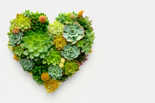 Succulents and cacti are laid out in the shape of a heart. The copy space. Minimalism.