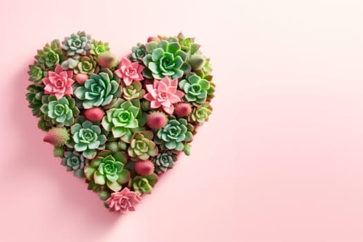 Succulents and cacti are laid out in the shape of a heart. The copy space. Minimalism.