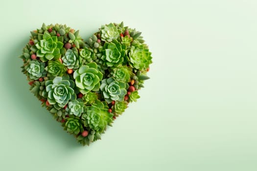 Succulents and cacti are laid out in the shape of a heart. The copy space. Minimalism.