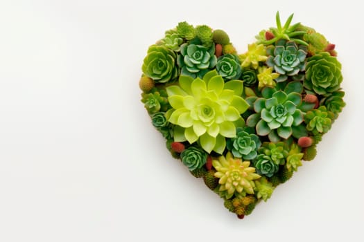 Succulents and cacti are laid out in the shape of a heart. The copy space. Minimalism.