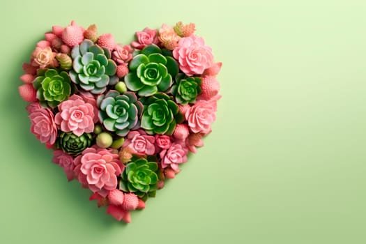 Succulents and cacti are laid out in the shape of a heart. The copy space. Minimalism.