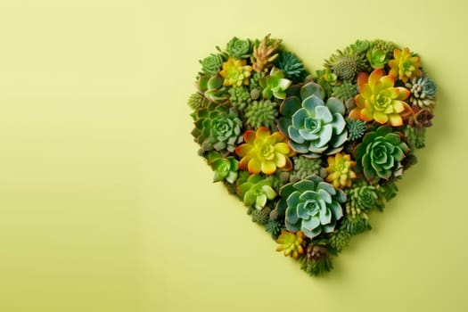 Succulents and cacti are laid out in the shape of a heart. The copy space. Minimalism.