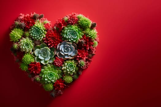 Succulents and cacti are laid out in the shape of a heart. The copy space. Minimalism.