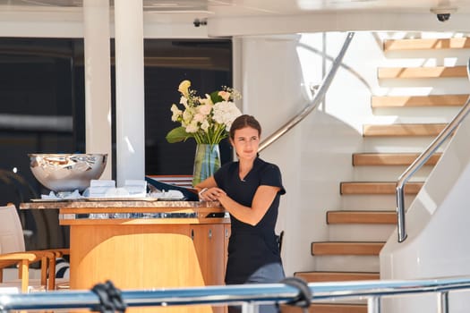 Monaco, Monte Carlo, 28 September 2022 - Beautiful girl sits on deck of of luxury yachts at the famous motorboat exhibition in the principality, the most expensive boats for the richest people around the world, yacht brokers