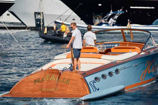 Monaco, Monte Carlo, 28 September 2022 - a lot of luxury yachts at the famous motorboat exhibition in the principality, the most expensive boats for the richest people around the world, yacht brokers. High quality photo