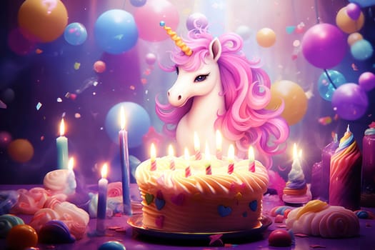 Poster or birthday card with unicorn, cake, balloons and candles in bright colors. Birthday card