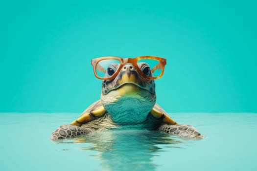 A turtle with a serious expression and glasses presents the concept of business experience and wisdom against a vibrant blue backdrop
