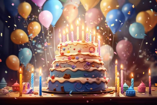 Birthday background with birthday cake with birthday candles and colorful balloon. Birthday card.