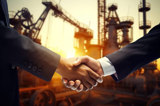Businessmen shaking hands on background with oil derricks. Business deal concept.