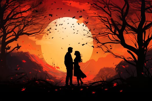 Silhouette of a loving couple of a man and a woman against a sunset background, the concept of love and relationships. Valentine's day background.