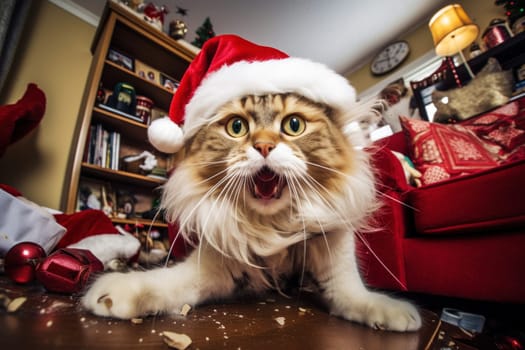 A mischievous cat in Santa hat left alone at home wreaks havoc in a room decorated for Christmas. A cat is having a merry Christmas