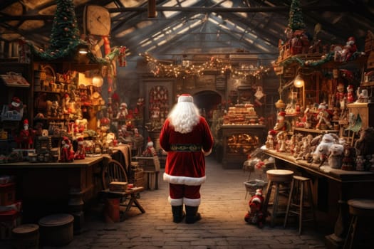 Santa Claus works diligently, creating and wrapping toys in his festive workshop for children's Christmas delight