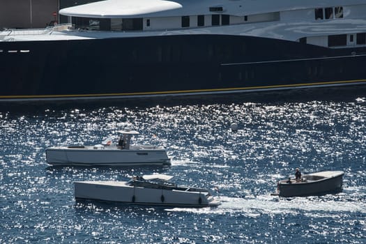 Monaco, Monte Carlo, 28 September 2022 - a lot of luxury yachts at the famous motorboat exhibition in the principality, the most expensive boats for the richest people around the world, yacht brokers. High quality photo