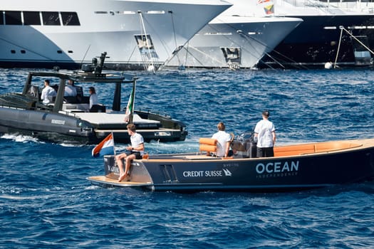 Monaco, Monte Carlo, 28 September 2022 - a lot of luxury yachts at the famous motorboat exhibition in the principality, the most expensive boats for the richest people around the world, yacht brokers. High quality photo