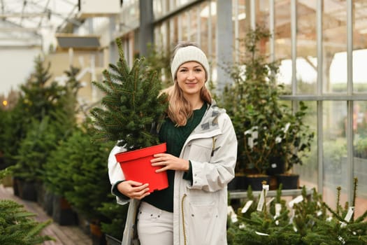 A woman buying a Christmas tree at the market.