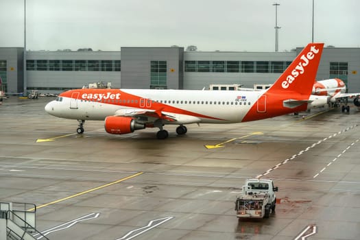 London, United Kingdom - February 05, 2019: Easyjet operated Airbus A320 - 214 waiting at LTN airport. easy Jet, is a British low-cost airline with 65 millions passengers transported (2014) per year