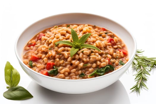 Farro soup a Lazio traditional dish. A hearty and thick soup made with spelt, vegetables. Hearty comfort meal. Italian winter warmer