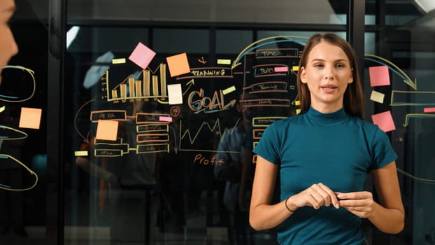 Skilled manager standing at glass wall while looking at camera. Professional caucasian businesswoman or female leader present marketing strategy while using sticky notes and mind mapping. Tracery