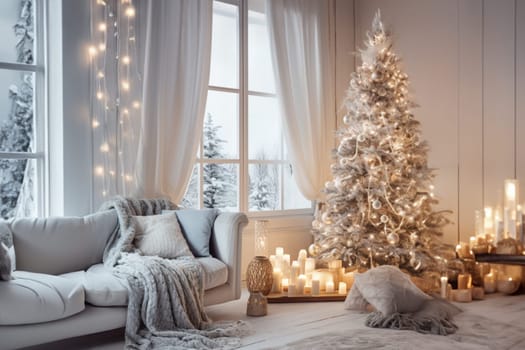 Bright room decorated for Christmas or New Year with a Christmas tree, a sofa with a soft, draped blanket, an illuminated window, and light curtains creating a warm festive atmosphere.