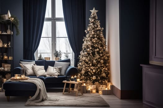 A spectacular Christmas tree and a sophisticated sofa embellish the contemporary living room. A fusion of elegance and festivity in interior decor