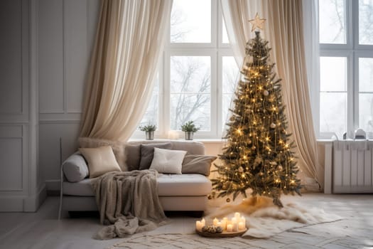Bright room decorated for Christmas or New Year with a Christmas tree, a sofa with a soft, draped blanket, an illuminated window, and light curtains creating a warm festive atmosphere.