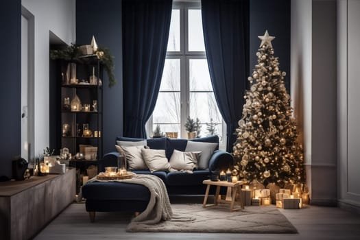 Bright room decorated for Christmas or New Year with a Christmas tree, a sofa with a soft, draped blanket, an illuminated window, and light curtains creating a warm festive atmosphere.