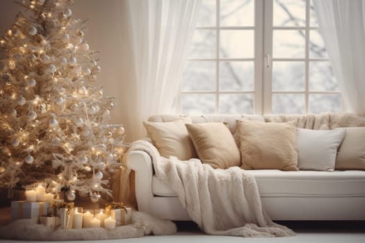 Bright room decorated for Christmas or New Year with a Christmas tree, a sofa with a soft, draped blanket, an illuminated window, and light curtains creating a warm festive atmosphere.