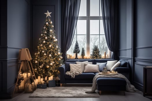 A spectacular Christmas tree and a sophisticated sofa embellish the contemporary living room. A fusion of elegance and festivity in interior decor