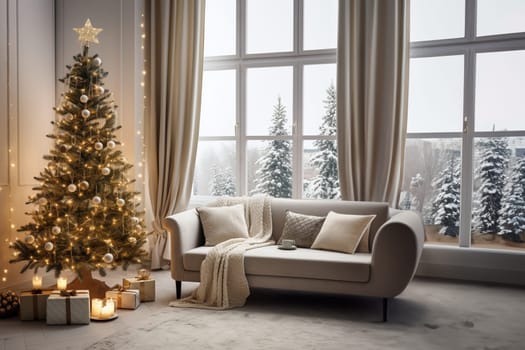 Bright room decorated for Christmas or New Year with a Christmas tree, a sofa with a soft, draped blanket, an illuminated window, and light curtains creating a warm festive atmosphere.