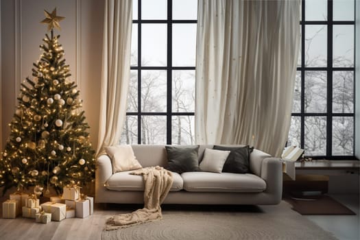 Bright room decorated for Christmas or New Year with a Christmas tree, a sofa with a soft, draped blanket, an illuminated window, and light curtains creating a warm festive atmosphere.