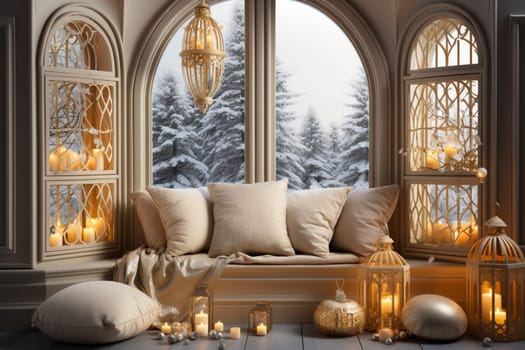 Bright Christmas-themed Room in Gold and Pastel Colors with an Illuminated Window. A Warm Festive Atmosphere for New Year.