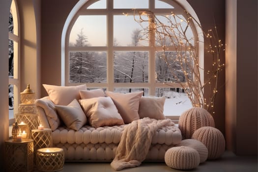 Bright Christmas-themed Room in Gold and Pastel Colors with an Illuminated Window. A Warm Festive Atmosphere for New Year.