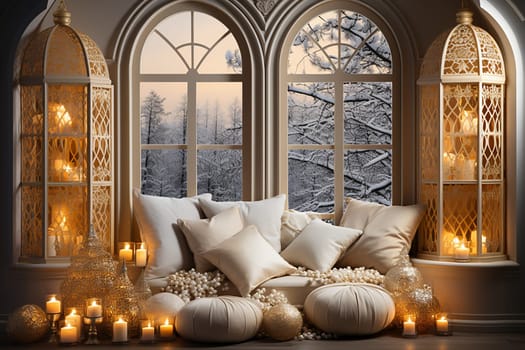 Bright Christmas-themed Room in Gold and Pastel Colors with an Illuminated Window. A Warm Festive Atmosphere for New Year.