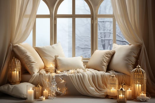 Bright Christmas-themed Room in Gold and Pastel Colors with an Illuminated Window. A Warm Festive Atmosphere for New Year.