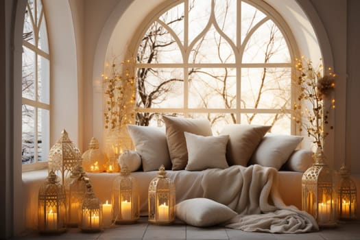 Bright Christmas-themed Room in Gold and Pastel Colors with an Illuminated Window. A Warm Festive Atmosphere for New Year.