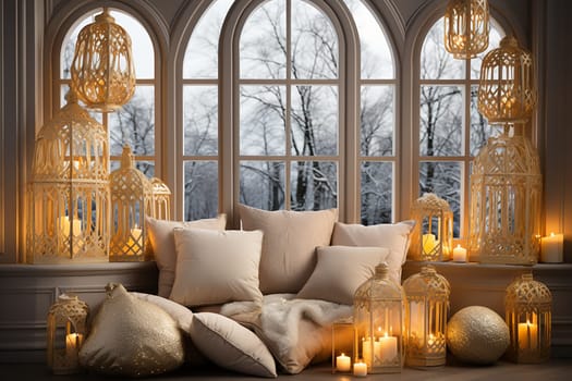 Bright Christmas-themed Room in Gold and Pastel Colors with an Illuminated Window. A Warm Festive Atmosphere for New Year.