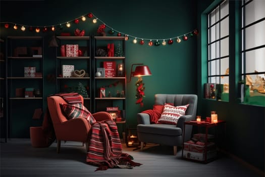 A modern-style room in green and red colors, decorated for Christmas. Holiday comfort, home concepts.