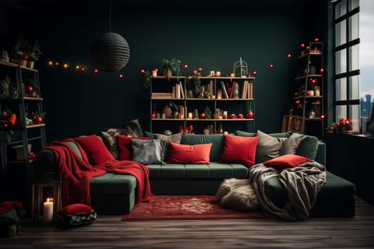 A modern-style room in green and red colors, decorated for Christmas. Holiday comfort, home concepts.