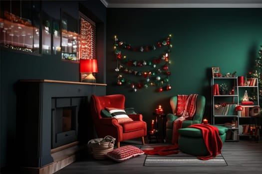 A modern-style room in green and red colors, decorated for Christmas. Holiday comfort, home concepts.