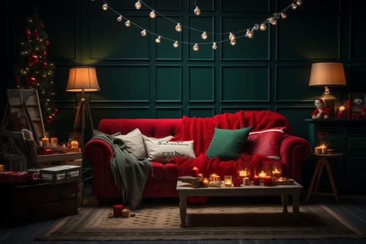 A modern-style room in green and red colors, decorated for Christmas. Holiday comfort, home concepts.