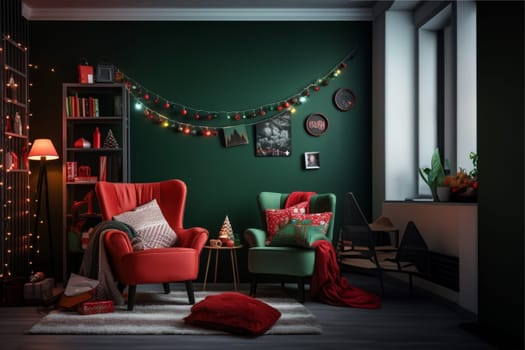 A modern-style room in green and red colors, decorated for Christmas. Holiday comfort, home concepts.