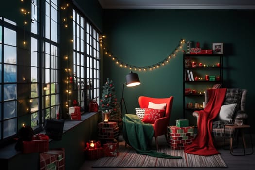 A modern-style room in green and red colors, decorated for Christmas. Holiday comfort, home concepts.