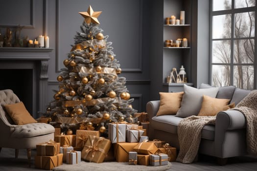 Bright room decorated for Christmas or New Year with a Christmas tree, a sofa, an illuminated window creating a warm festive atmosphere.