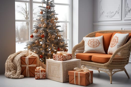 Bright room decorated for Christmas or New Year with a Christmas tree, a sofa, an illuminated window creating a warm festive atmosphere.