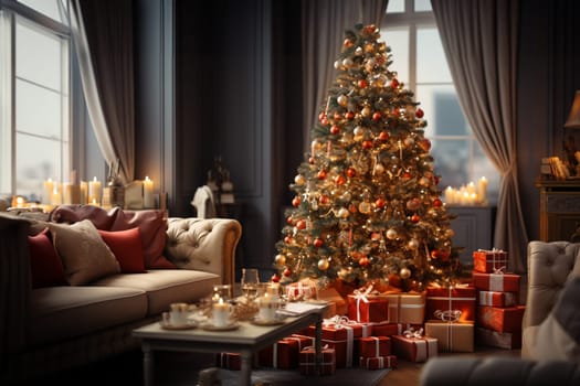 Bright room decorated for Christmas or New Year with a Christmas tree, a sofa, an illuminated window creating a warm festive atmosphere.